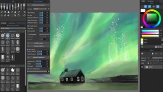 Rebelle 7 review; a digital watercolour painting of a house with the northern lights