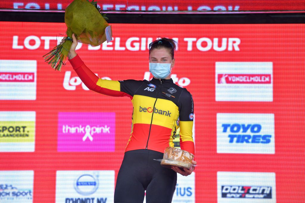 GERAARDSBERGEN BELGIUM JUNE 25 Lotte Kopecky of Belgium and Belgium National Team celebrates at podium during the 9th Lotto Belgium Tour 2021 Stage 3 a 1011km stage from Geraardsbergen to Geraardsbergen 101m LottoBelgTour LottoBelgiumTour on June 25 2021 in Geraardsbergen Belgium Photo by Luc ClaessenGetty Images