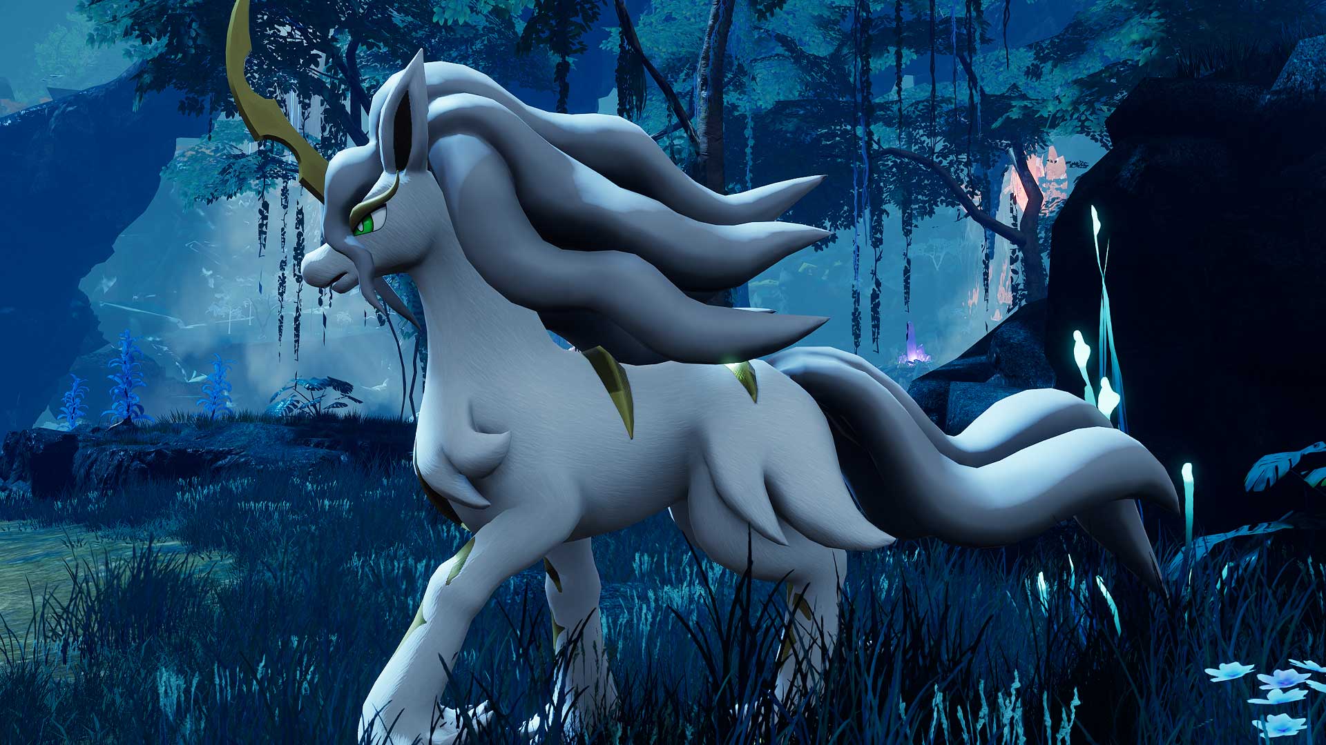 Palworld - Starryon, a white and blue horse pal