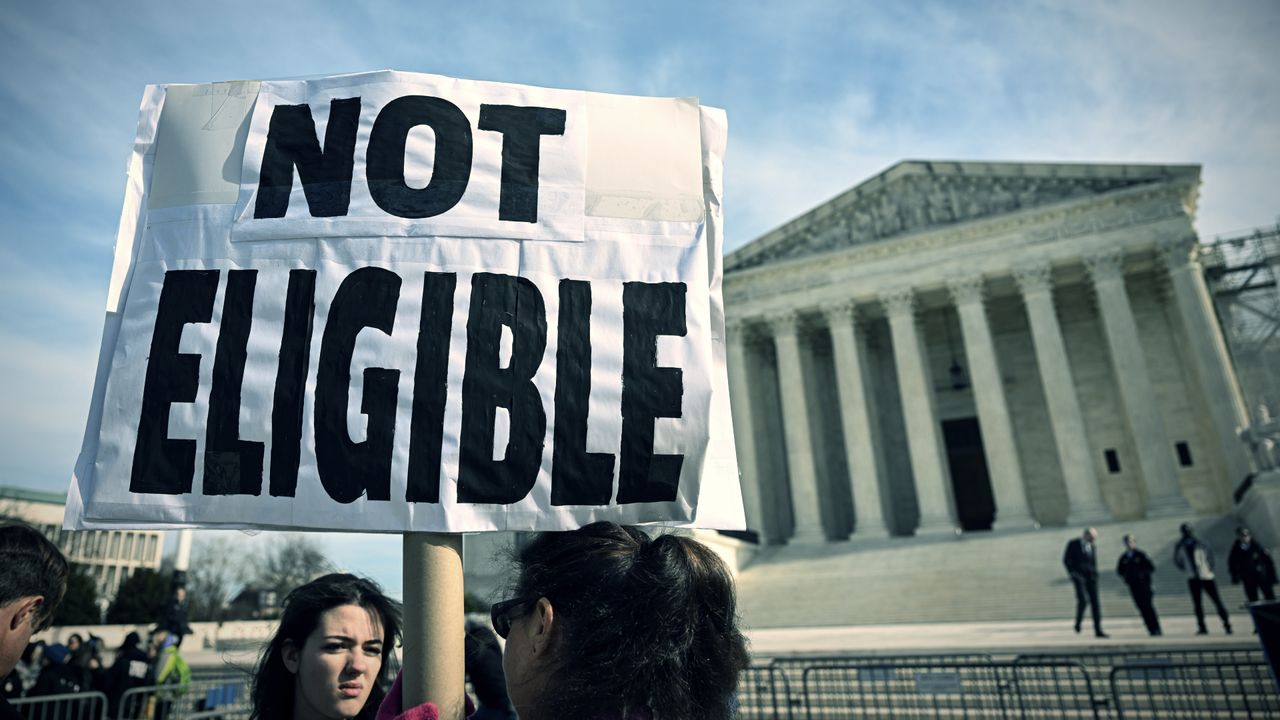 Sign reading &quot;not eligible&quot; held up in front of the Supreme Court Building