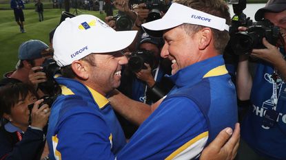 Garcia and Poulter embrace at the 2018 Ryder Cup