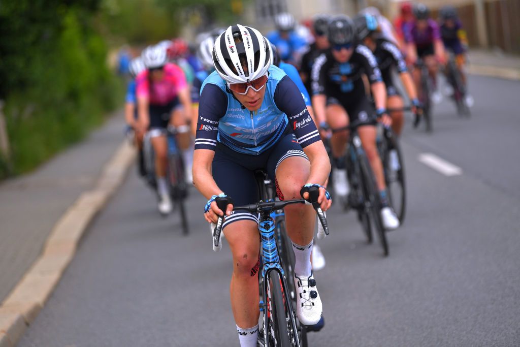 DRTENDORF GERMANY MAY 28 Ellen Van Dijk of Netherlands and Trek Segafredo during the 34th Internationale LOTTO Thringen Ladies Tour 202 Stage 4 a 101km stage from Drtendorf to Drtendorf 420m ltlt2021 lottothueringenladiestour womencycling on May 28 2021 in Drtendorf Germany Photo by Luc ClaessenGetty Images