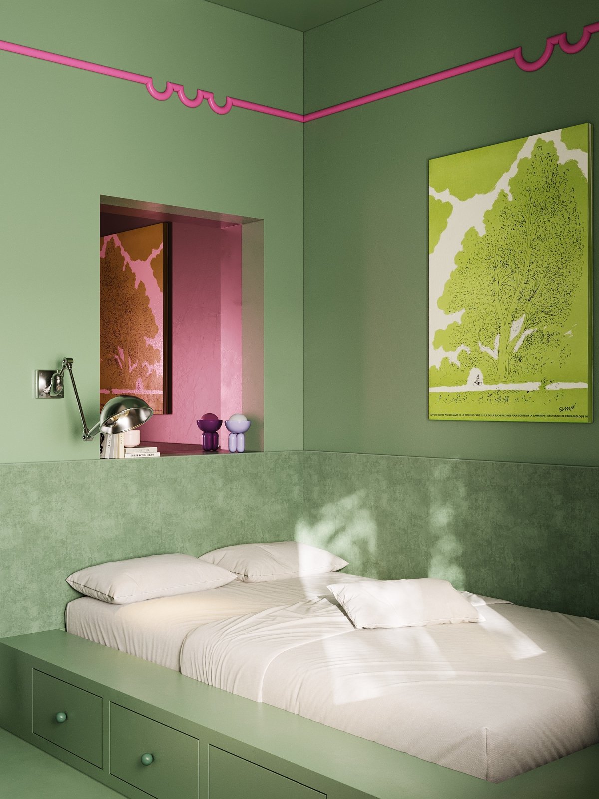 green color drenched bedroom with built-in bed, velvet wraparound headboard, lime green artwork, cut-out window in wall, with bright pink ceiling trim