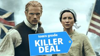 Jamie and Clare on Outlander season 7 poster with killer deal logo