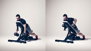 Man demonstrates two positions of the prone row
