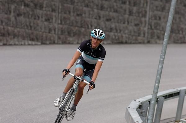 Andy Schleck (Leopard Trek) descends alone to the finish after working for teammate Jakob Fuglsang in the day's break.
