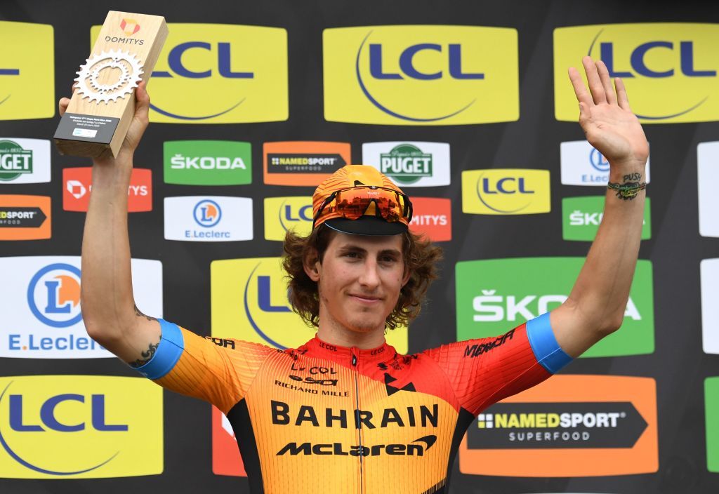 Bahrain McLaren Spanish rider Ivan Garcia Cortina celebrates on the podium after winning the 2125 km 3rd stage of the 78th Paris Nice cycling race stage between ChalettesurLoing and La Chatre on March 10 2020 Photo by Alain JOCARD AFP Photo by ALAIN JOCARDAFP via Getty Images