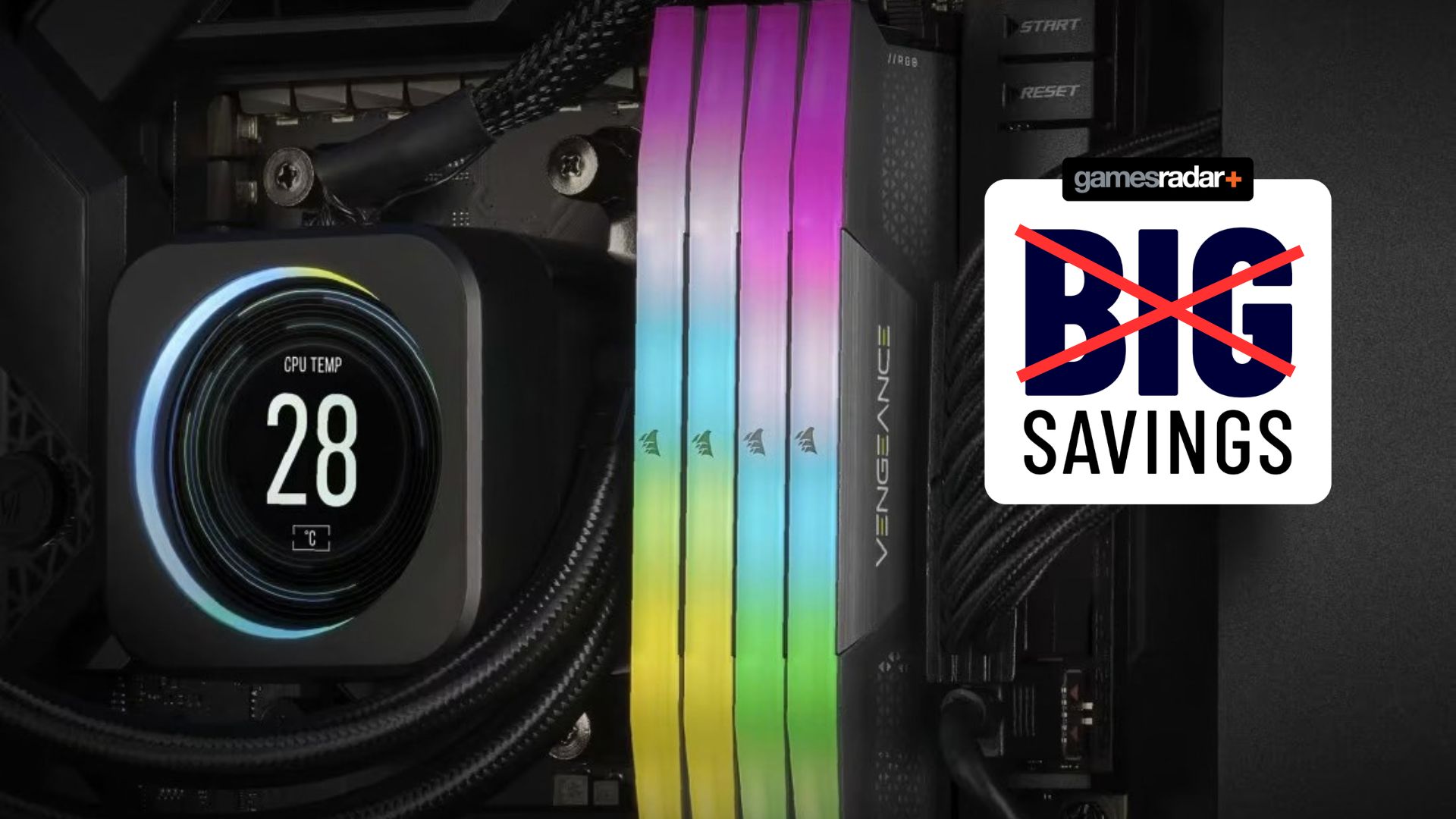 A Corsair marketing image for its Vengeance RGB DDR5 with a "big savings" deal stamp crossed out in front of it
