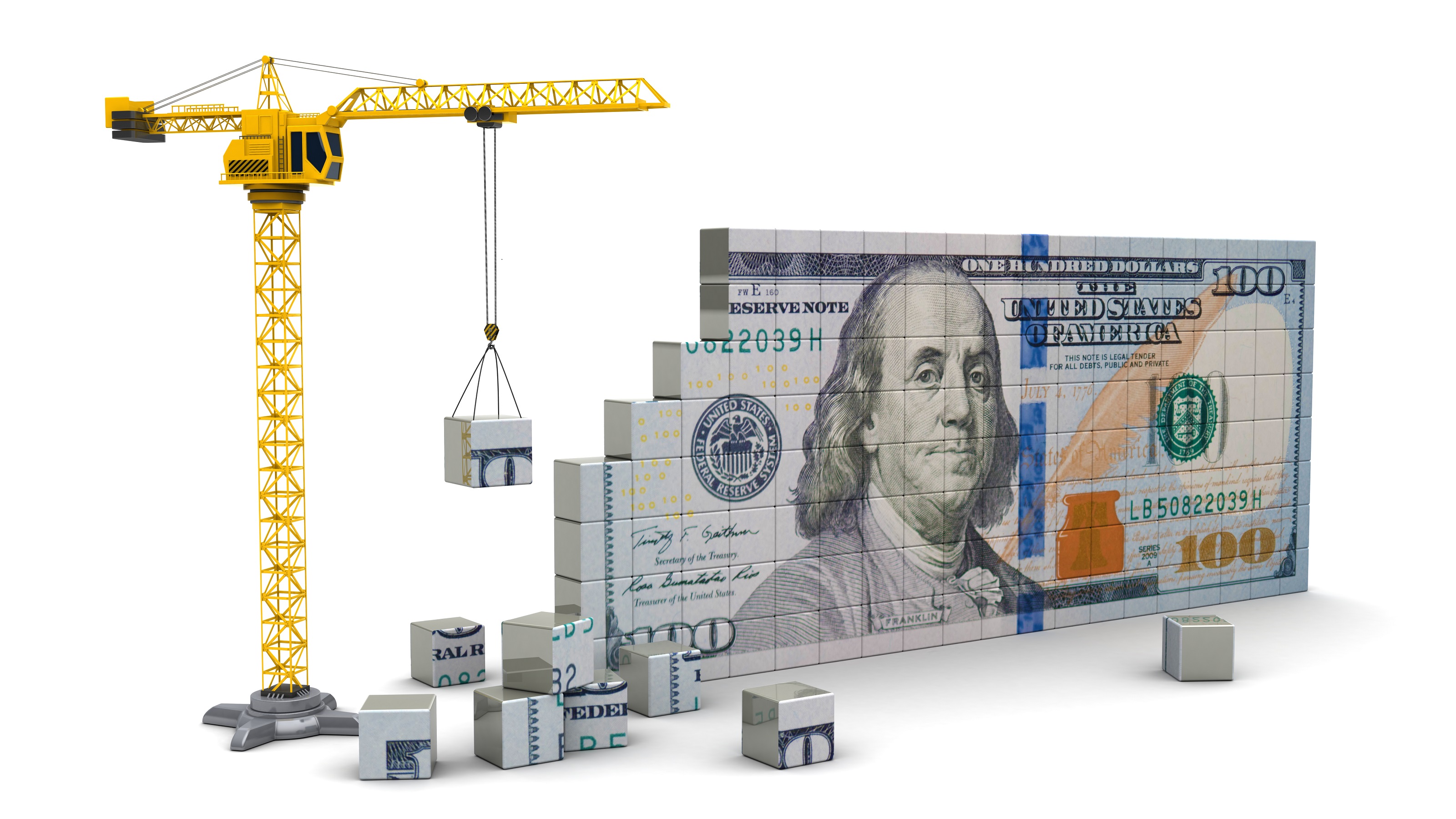 A crane appears to be constructing a hundred-dollar bill.
