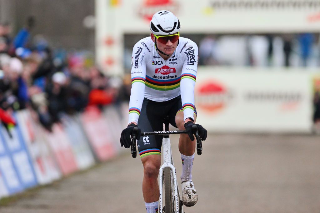 ZONHOVEN BELGIUM JANUARY 07 Mathieu Van Der Poel of The Netherlands and Team AlpecinDeceuninck celebrates at finish line as race winner during the 27th Zonhoven UCI CycloCross Worldcup 2024 Mens Elite on January 07 2024 in Zonhoven Belgium Photo by Luc ClaessenGetty Images