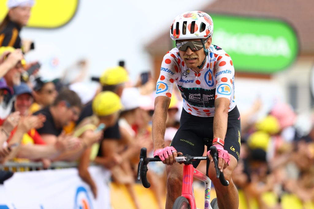 WALLERS FRANCE JULY 06 Magnus Cort Nielsen of Denmark and Team EF Education Easypost Polka Dot Mountain Jersey crosses the finish line during to the 109th Tour de France 2022 Stage 5 a 157km stage from Lille to WallersArenberg TDF2022 WorldTour on July 06 2022 in Wallers France Photo by Michael SteeleGetty Images