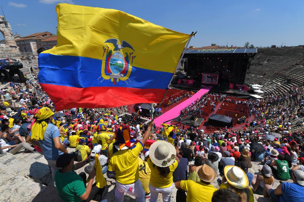 The Ecuadoran flag flies over the arena in Verona