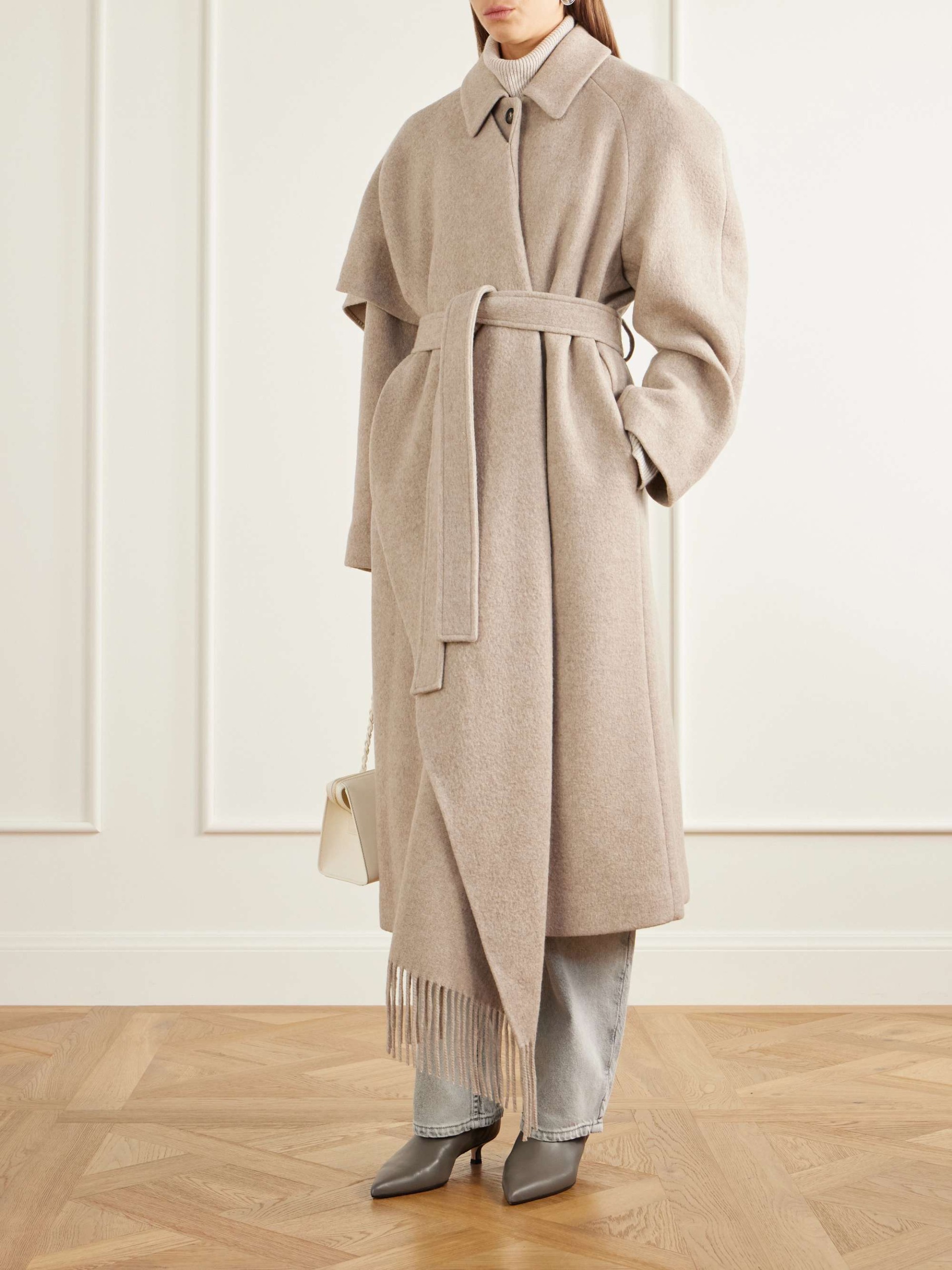 Canyon Belted Scarf-Detailed Fringed Wool-Blend Coat