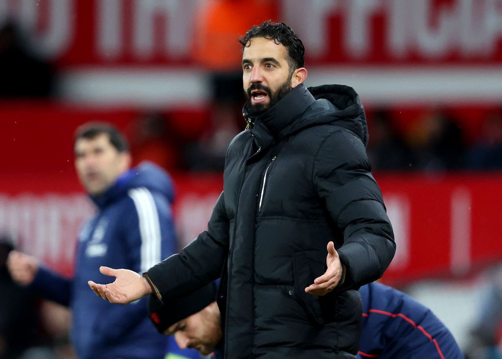 Ruben Amorim, Head Coach of Manchester United, reacts during the Premier League match between Manchester United FC and Nottingham Forest FC at Old Trafford on December 07, 2024 in Manchester, England.