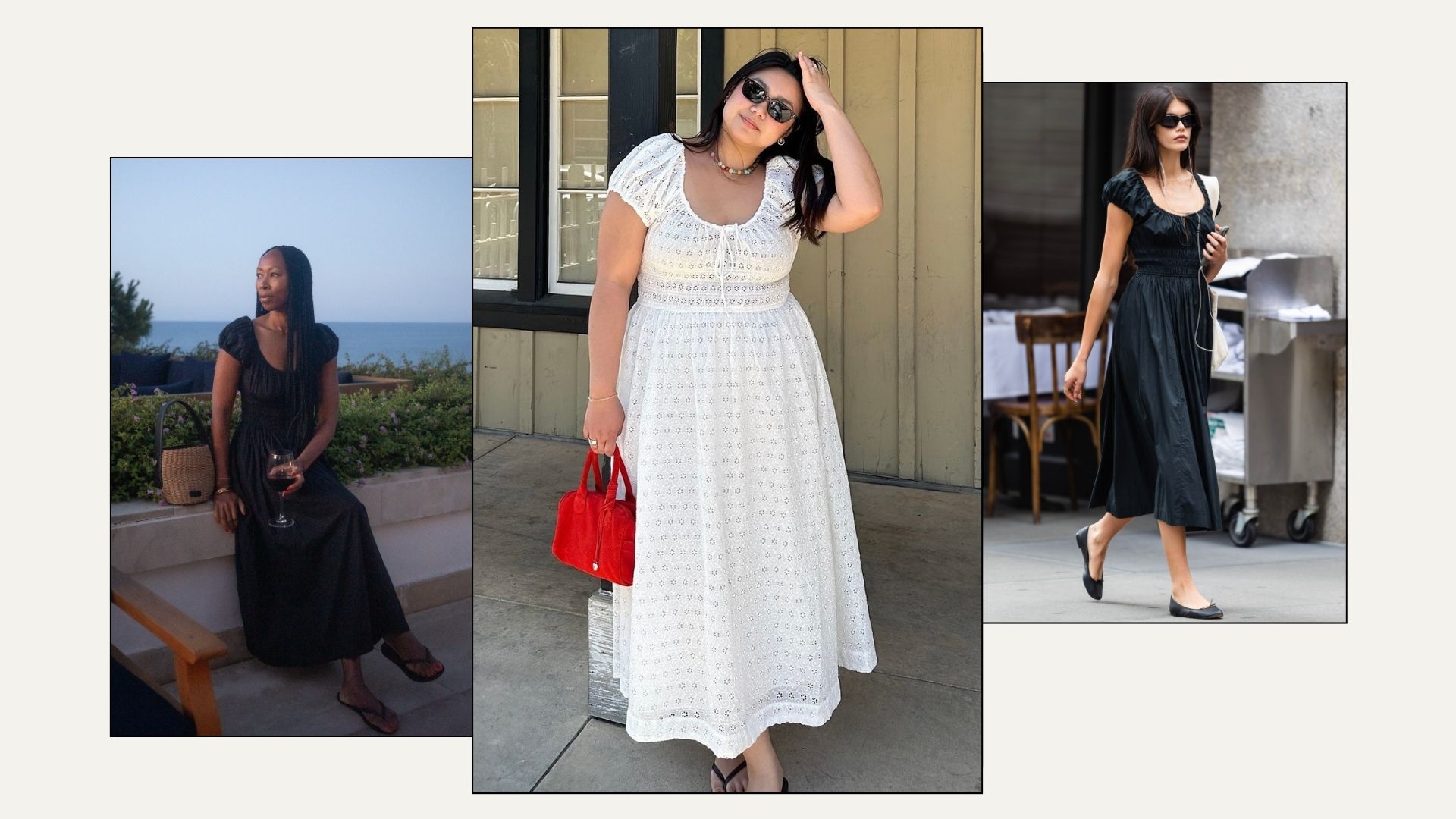 Three women wear the Doen Quinn dress