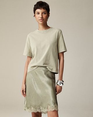 Gwen Lace-Trim Slip Skirt in Textured Satin