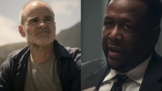 Michael Kelly pictured sitting out side, next to Wendell Pierce sitting in an office in Tom Clancy's Jack Ryan.