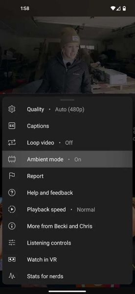 YouTube's proposed "Ambient Mode" feature on mobile.
