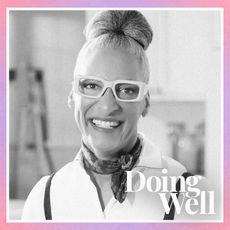 Carla Hall with the text "Doing Well" on an ombre purple and pink background