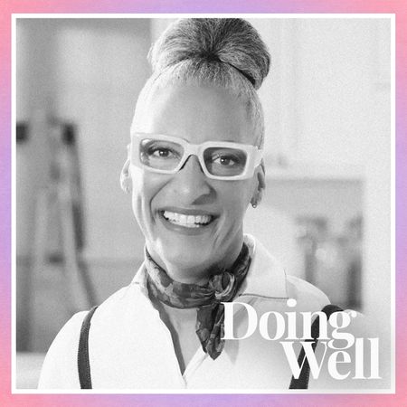 Carla Hall with the text "Doing Well" on an ombre purple and pink background