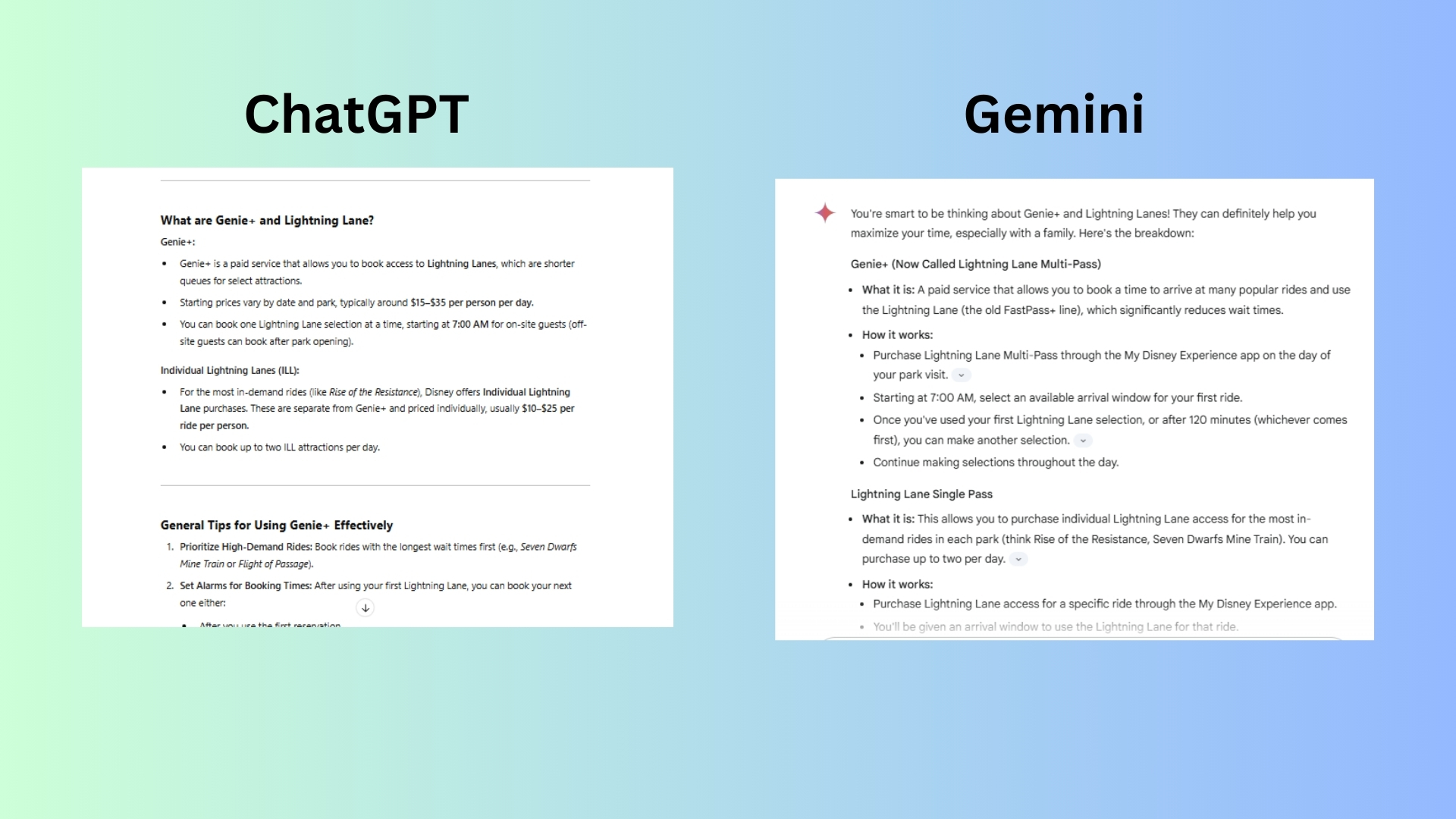 ChatGPT vs. Gemini Disney vacation screenshot