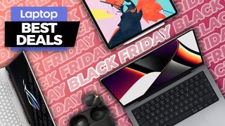 Black Friday laptop best deals live blog with red background and tablets, laptops and headphones