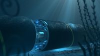 A close up view of a model of an undersea fiber optic cable for data communications.