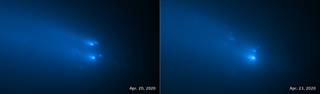 Two images of Comet Atlas, taken by the Hubble Space Telescope. On the left is the comet in 30 pieces on April 20, 2020 and on the right is the comet on April 23 in 25 pieces.