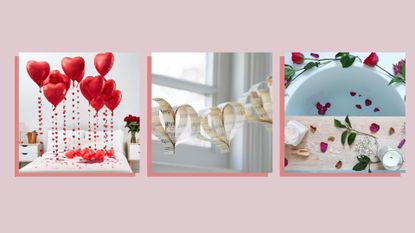 Compilation image of three Valentine's Day decorations and easy DIY crafts including balloons, heart-shaped paper chains and flower displays
