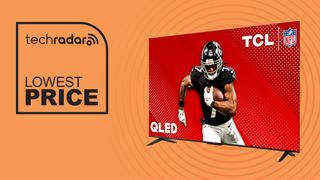 TCL Q65 TV on orange background with lowest price text overlay