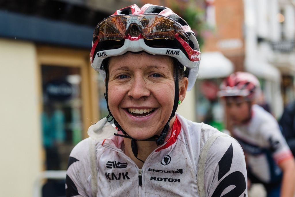 Stephanie Pohl (Cervelo Bigla) managed a smile in the rain