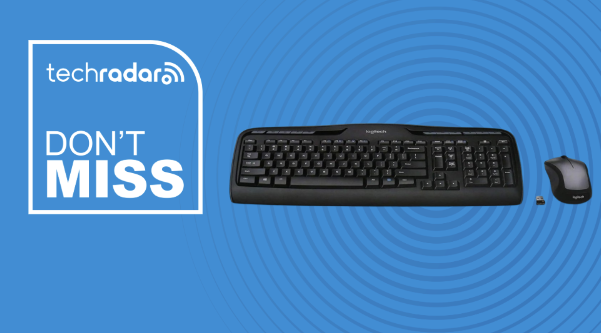 Logitech MK335 Quiet Wireless Keyboard and Mouse Combo on a blue background next to a TechRadar badge reading 'Don't Miss'