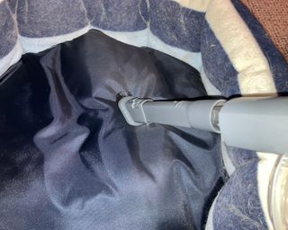 Paige Cerulli testingElite CSV Max Cordless Stick Vacuum on cat bed