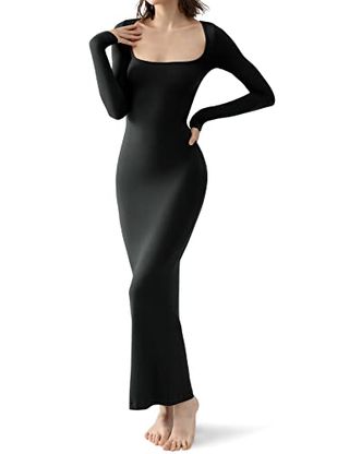 PUMIEY Long Sleeve Dresses for Women Maxi Dresses Dupes Bodycon Black Dresses for Women Jet Black Medium