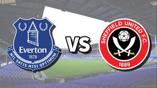 The Everton and Sheffield United club badges on top of a photo of Goodison Park stadium in Liverpool, England