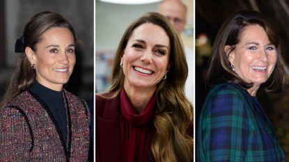 A composite of a picture of Pippa Middleton in 2023, a picture of Kate in 2026 and a picture of Carole in 2025