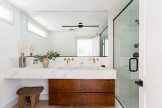 basement bathroom with walnut vanity