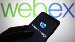 Somebody using Webex meetings on a smartphone in front of the Webex logo