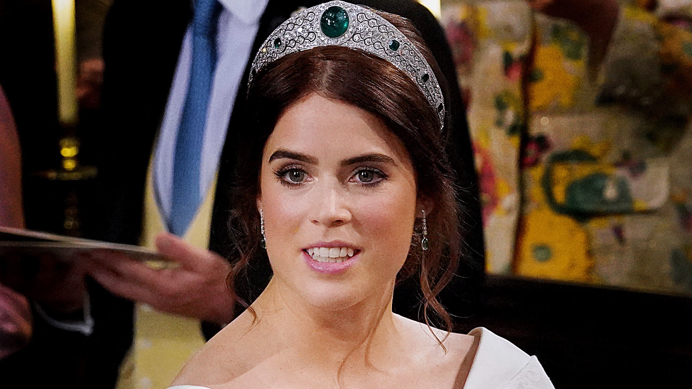 Princess Eugenie of York wears the Greville Emerald tiara during her wedding to Jack Brooksbank at St George&#039;s Chapel, Windsor Castle