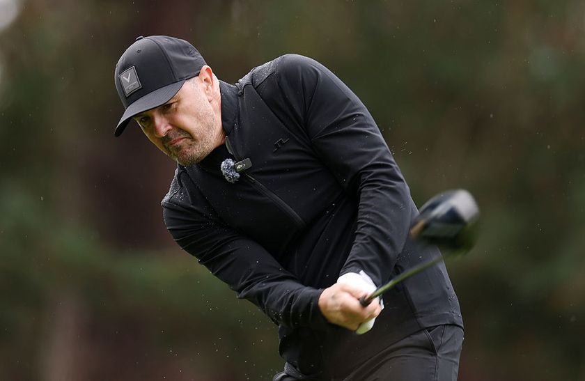 VIRGINIA WATER, ENGLAND - SEPTEMBER 10: Comedian and actor, Paddy McGuinness plays a shot during the Pro-Am ahead of the BMW PGA Championship 2025 at Wentworth Golf Club on September 10, 2025 in Virginia Water, England. (Photo by Andrew Redington/Getty Images)