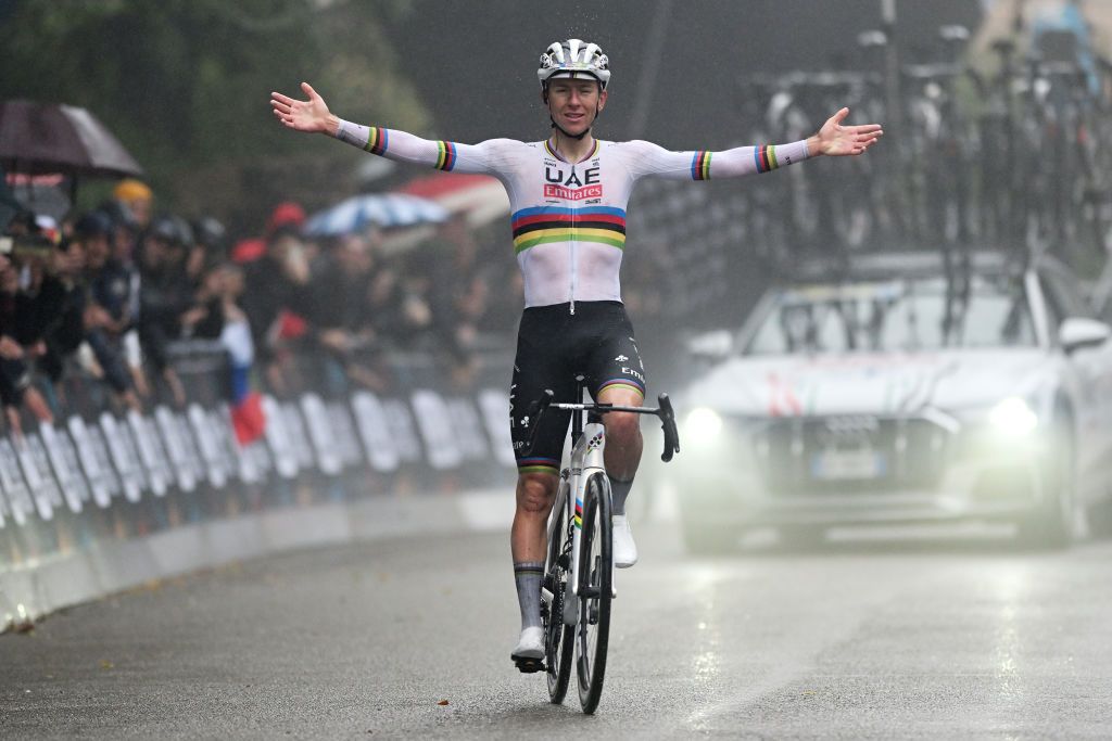 SAN LUCA ITALY OCTOBER 05 Tadej Pogacar of Slovenia and Team UAE Team Emirates celebrates at finish line as race winner during the 107th Giro dellEmilia 2024 a 2153km one day race from Vignola to Bologna San Luca 267m on October 05 2024 in San Luca Italy Photo by Dario BelingheriGetty Images