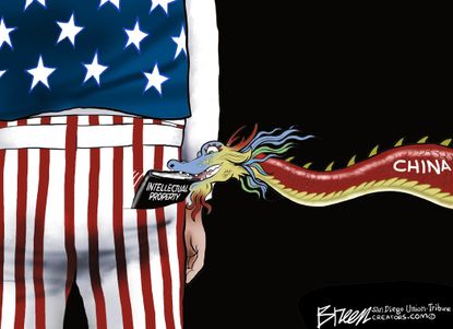 Political Cartoon World China tariffs dragon intellectual property