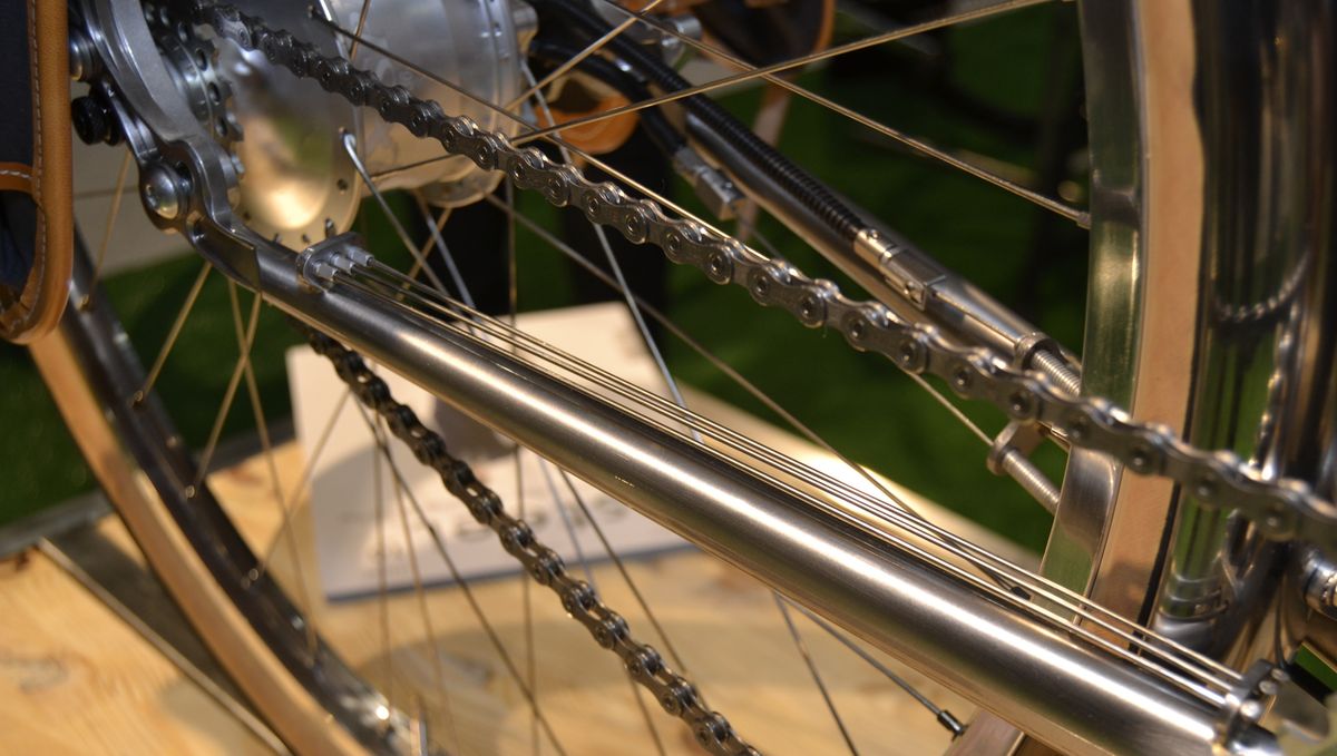 Three spare spokes are mounted to the Ren&eacute;'s chainstay. They're all rears, but Victoire had a clever solution for that
