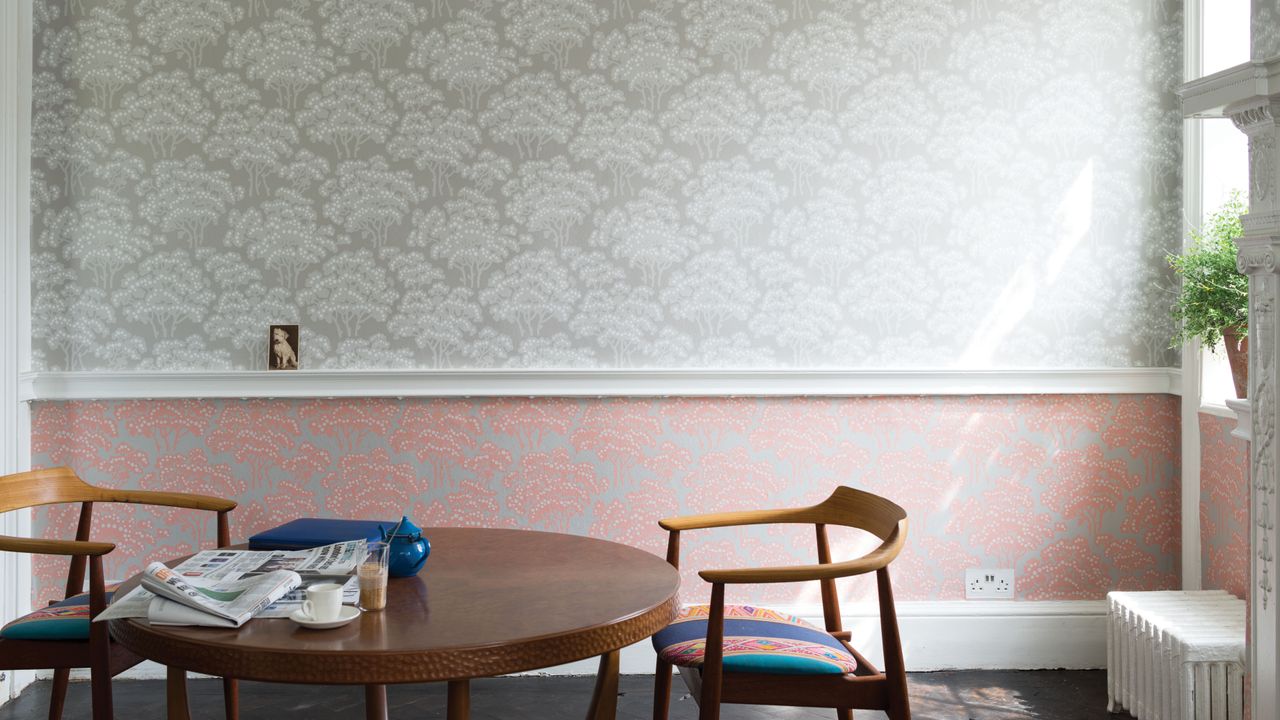 pattern and prints dining room with mixed pattern wallpaper from farrow and ball