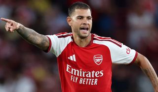 Bruno Guimaraes of Arsenal reacts during the pre-season friendly match between Arsenal FC and Como Calcio at Emirates Stadium on August 12, 2026 in London, England