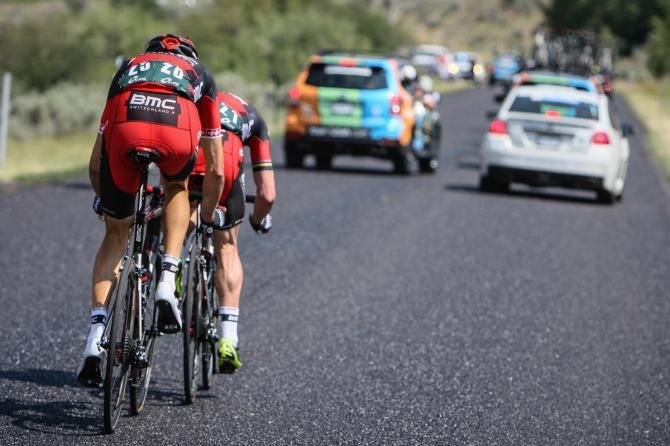 Cadel Evans (BMC) and teammate Michael Schar bridge to the break.