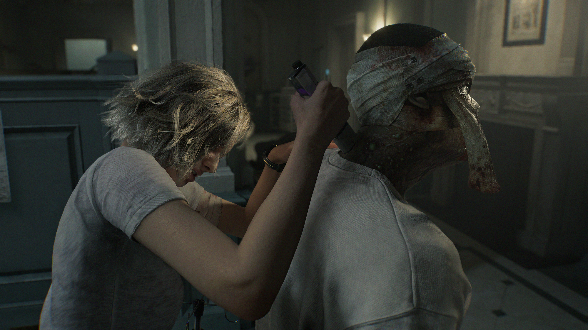 Resident Evil Requiem: Grace attacking a zombie from behind.