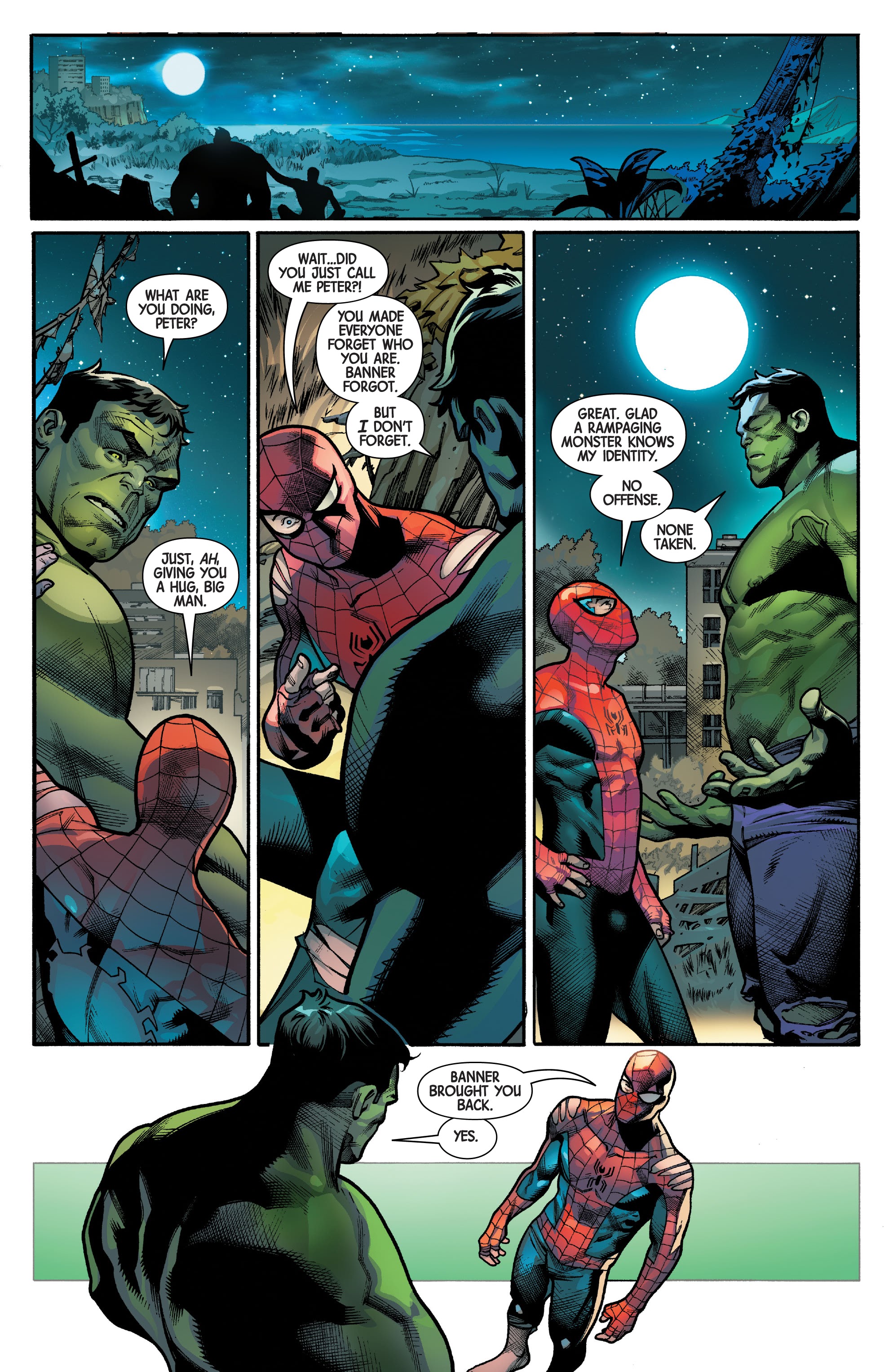 A Marvel comic book page showing Hulk and Spider-Man talking across multiple panels