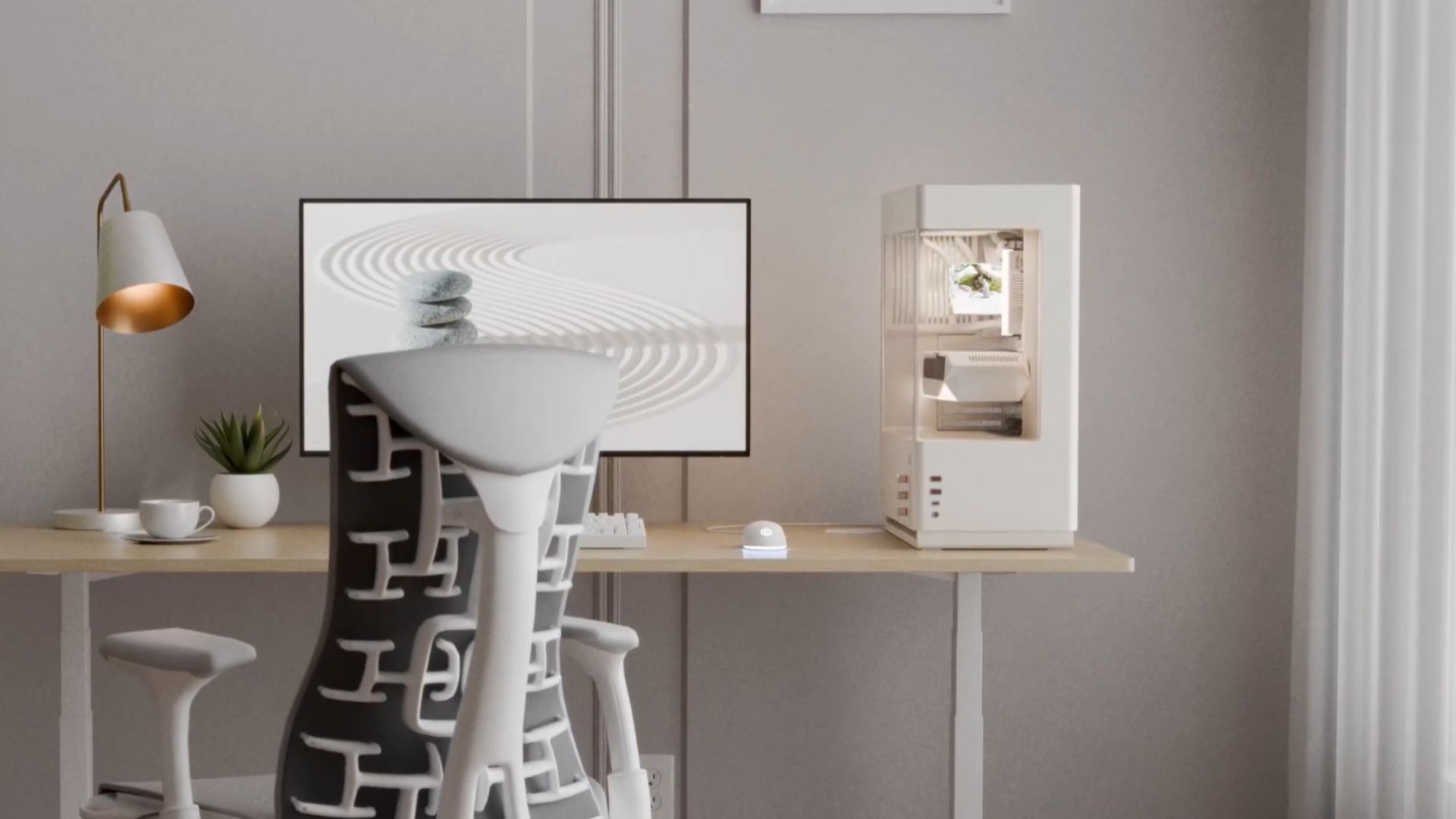 CyberPowerPC MA-01 pc case in a beige clean room beside a monitor and chair