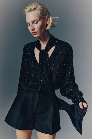 H&M Rhinestone Embellished Tie-Neck Blouse